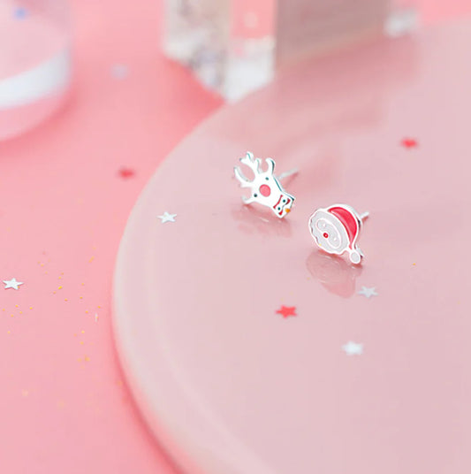 S925 Silver Christmas Earrings - Santa and Reindeer Design
