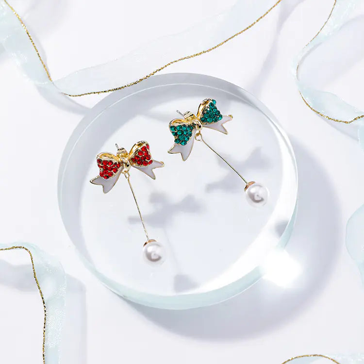 925 Silver Needle Christmas Bow Pearl Earrings