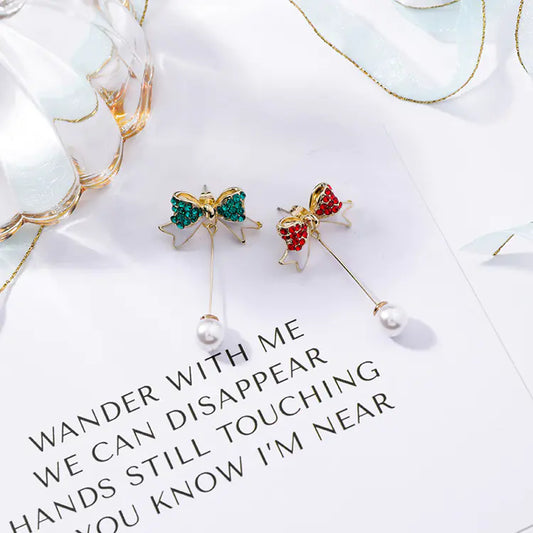 925 Silver Needle Christmas Bow Pearl Earrings