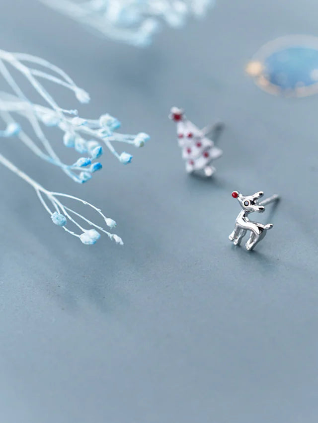 S925 Silver Asymmetric Deer & Christmas Tree Ear Studs