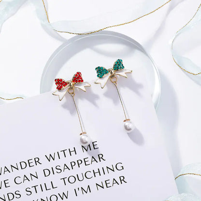 925 Silver Needle Christmas Bow Pearl Earrings