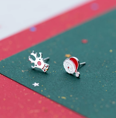 S925 Silver Christmas Earrings - Santa and Reindeer Design