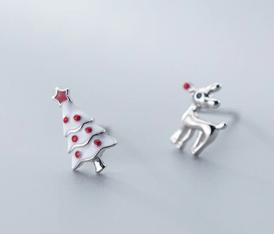 S925 Silver Asymmetric Deer & Christmas Tree Ear Studs