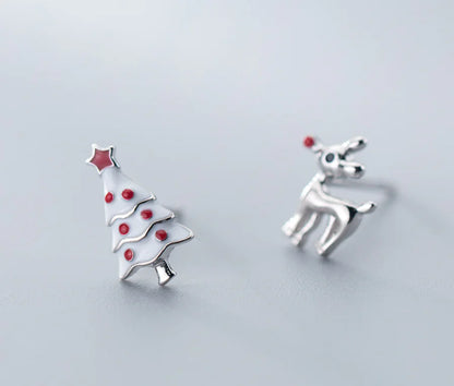 S925 Silver Asymmetric Deer & Christmas Tree Ear Studs
