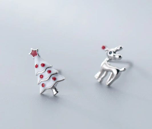 S925 Silver Asymmetric Deer & Christmas Tree Ear Studs