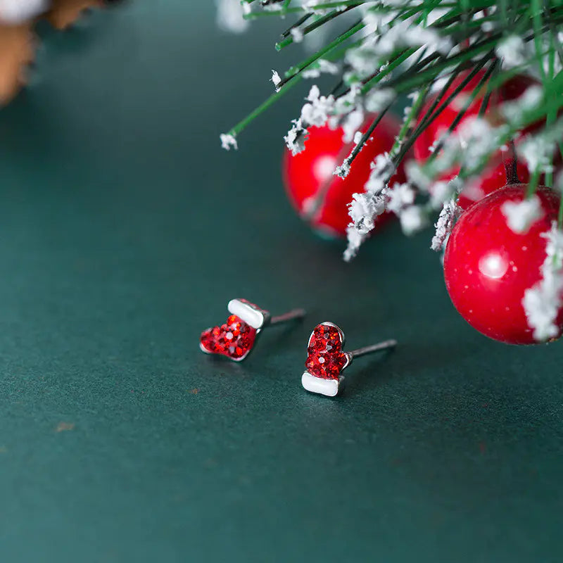 S925 Silver Asymmetrical Christmas Socks & Gloves Earrings