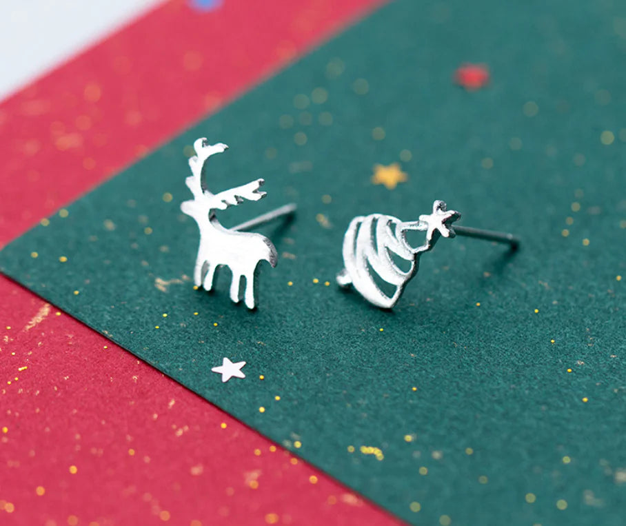 S925 Silver Christmas Tree Reindeer Stud Earrings