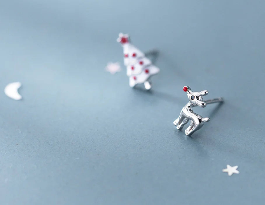 S925 Silver Asymmetric Deer & Christmas Tree Ear Studs