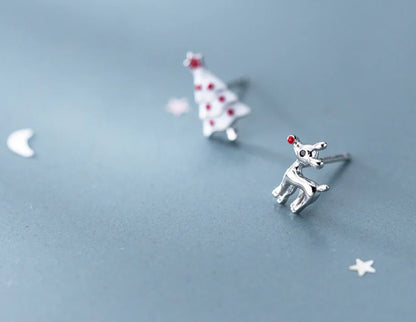 S925 Silver Asymmetric Deer & Christmas Tree Ear Studs