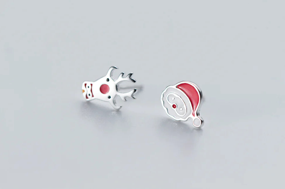 S925 Silver Christmas Earrings - Santa and Reindeer Design