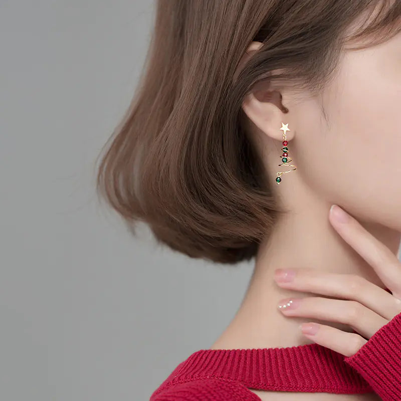 S925 Silver Rotating Christmas Tree Earrings