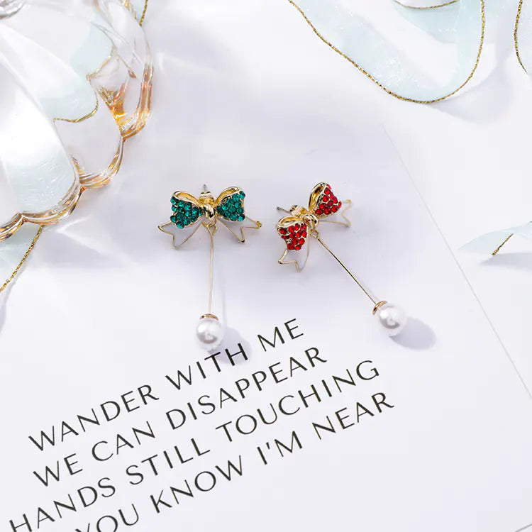 925 Silver Needle Christmas Bow Pearl Earrings