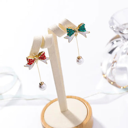 925 Silver Needle Christmas Bow Pearl Earrings