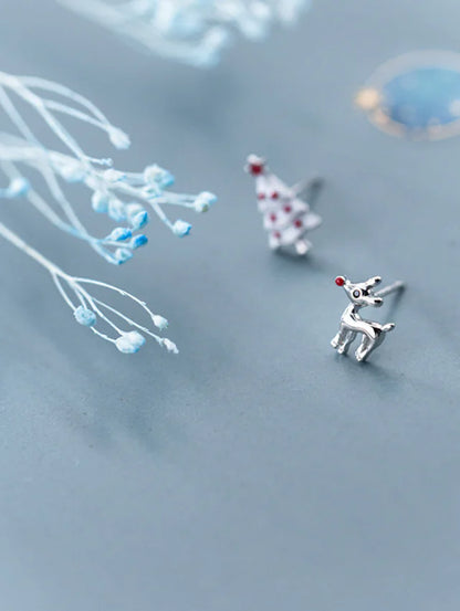 S925 Silver Asymmetric Deer & Christmas Tree Ear Studs